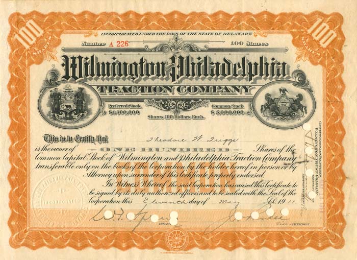 Wilmington and Philadelphia Traction Co. - Stock Certificate